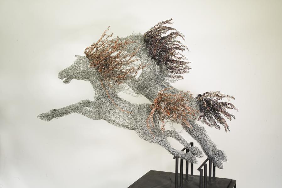 Demeter and Arion, 2018.
Metal, copper core amber, antique bronze, brass, burgundy, copper, purple, and white wire.
38 x 42 x 25 in. : Horses : Joan Danziger