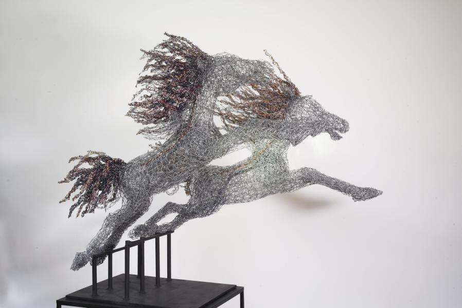 Demeter and Arion, 2018.
Metal, copper core amber, antique bronze, brass, burgundy, copper, purple, and white wire.
38 x 42 x 25 in. : Horses : Joan Danziger