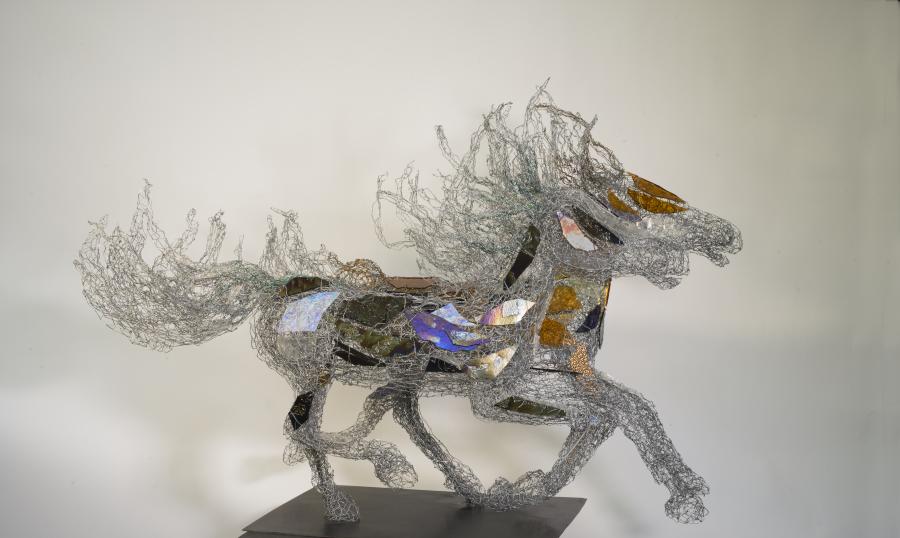 Galloping Demons, 2018.
Metal, glass, dichroic glass, copper core antique bronze and peacock wire.
34 x 49 x 33 in. : Horses : Joan Danziger