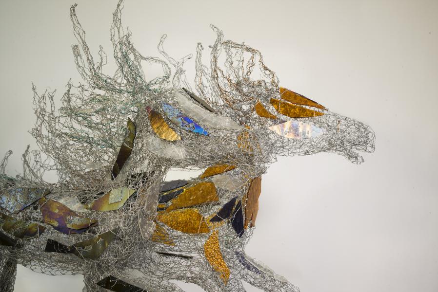 Galloping Demons, 2018
Metal, glass, dichroic glass, copper core antique bronze and peacock wire.
34 x 49 x 33 in. : Horses : Joan Danziger